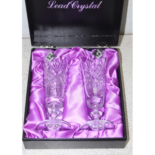 1783 - Pair of Edinburgh international, hand cut lead crystal champagne glasses and a glass decanter