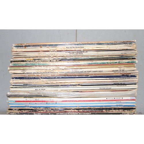 612 - Box of mixed LP vinyl records, artists A-E, to incl AC/DC, The Beach Boys, The Beatles, The Byrds, C... 