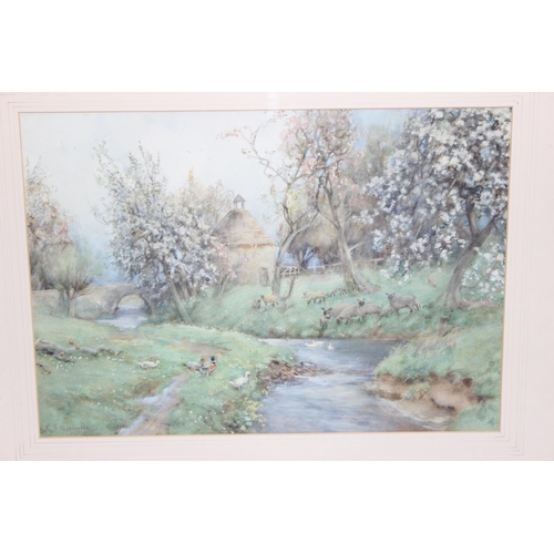 491 - George Frank Nicholls (1885 -1937), antique watercolour of a village stream, approx size 75cm X 58cm