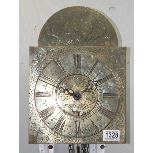 1328 - Joseph Peile, and antique brass faced weight driven wall clock, with wooden hood, the movement with ... 