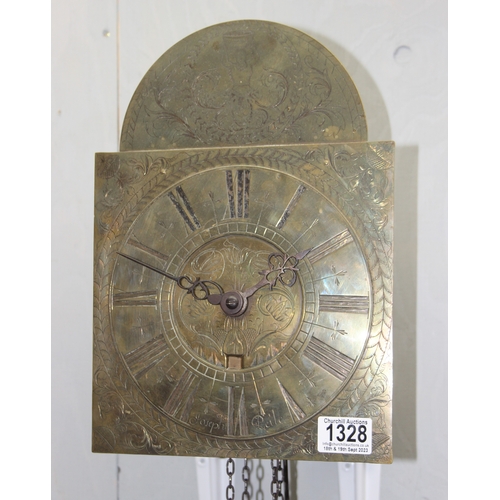 1328 - Joseph Peile, and antique brass faced weight driven wall clock, with wooden hood, the movement with ... 