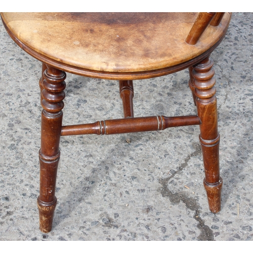 56 - Victorian elm stick-back kitchen chair with turned legs and penny seat, approx 81cm tall