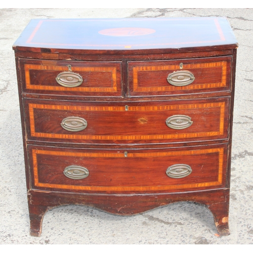 19 - Antique 2-over-2 mahogany bow-fronted chest of drawers with inlaid Sheraton style shell motif detail... 