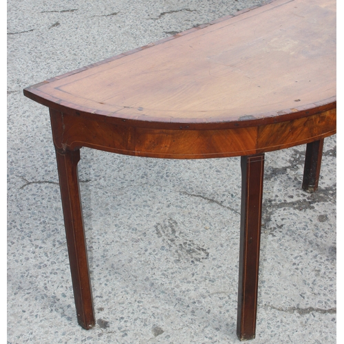 21 - Antique mahogany demilune table, approx 115cm W x 56cm D x 70cm H