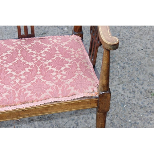 17 - Edwardian inlaid mahogany parlour settee with 3 central Art-Nouveau carved slats and one on each sid... 