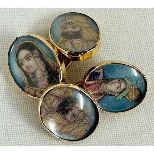 1121 - A pair of 18ct gold mounted cufflinks each set with an Indian mughal watercolour portrait of a high ... 