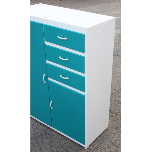 40 - Turquoise and white painted retro kitchen storage unit with 2 cupboards and 3 drawers, approx 90cm W... 