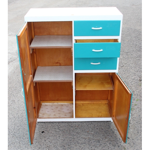 40 - Turquoise and white painted retro kitchen storage unit with 2 cupboards and 3 drawers, approx 90cm W... 