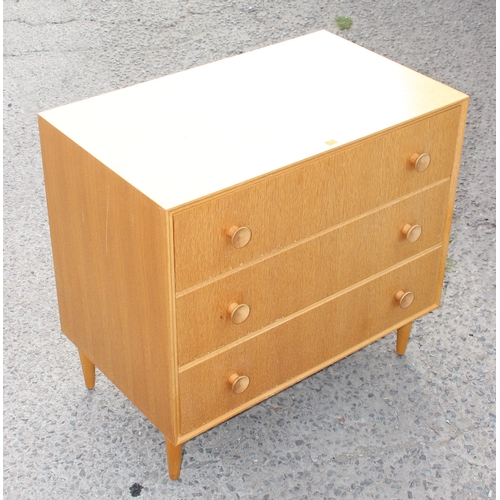 41 - Meredew retro light-wood 3-drawer chest of drawers, approx 76cm W x 46cm D x 72cm H