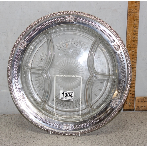 1080 - A large American sterling silver mounted and cut glass hors D'ouvres dish, marked Sterling and XRF c... 