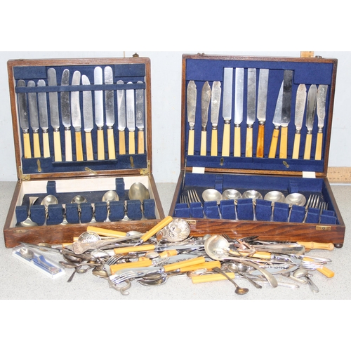 1021 - Qty of assorted antique and later cutlery, mainly silver plated, and 2 Oak cutlery boxes