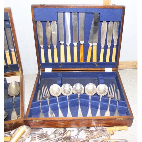 1021 - Qty of assorted antique and later cutlery, mainly silver plated, and 2 Oak cutlery boxes