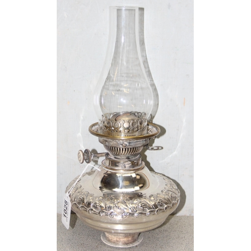 1028 - Hinks & Sons No. 2 Duplex silver-plated oil lamp, approx 36cm tall