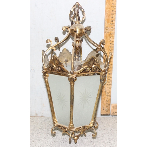 232 - Pair of vintage gilt metal pendant ceiling lanterns with opaque decorative glass approx. 39cm tall