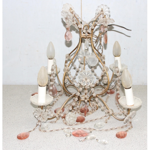 233 - Pair of vintage four arm bird cage style chandeliers with pink glass droplets converted to electrici... 