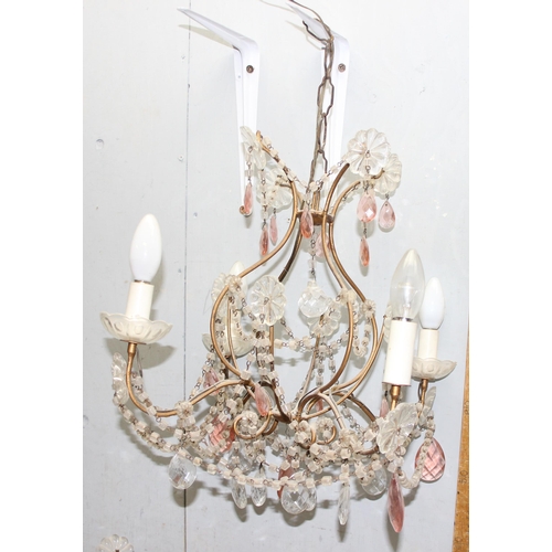 233 - Pair of vintage four arm bird cage style chandeliers with pink glass droplets converted to electrici... 