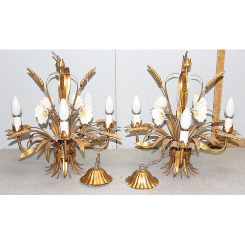 235 - Pair of vintage gilt metal chandeliers formed as bunches of wheat, approx 45cm wide