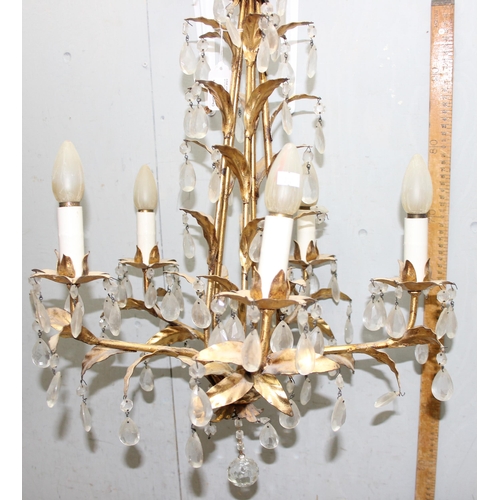 237 - Gilt metal five arm ceiling chandelier with leaf design and glass droplets, approx 62cm