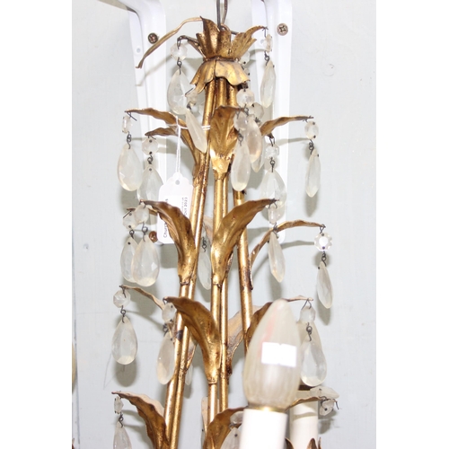 237 - Gilt metal five arm ceiling chandelier with leaf design and glass droplets, approx 62cm