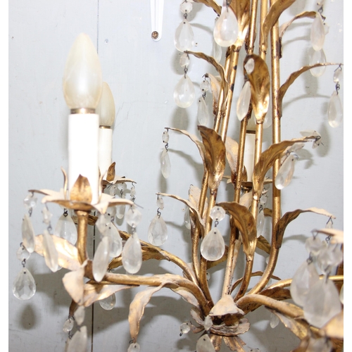 237 - Gilt metal five arm ceiling chandelier with leaf design and glass droplets, approx 62cm