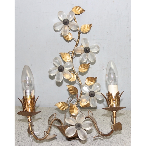 239 - Pair of vintage gilt metal decorative floral wall sconce electrical lights, approx 44cm