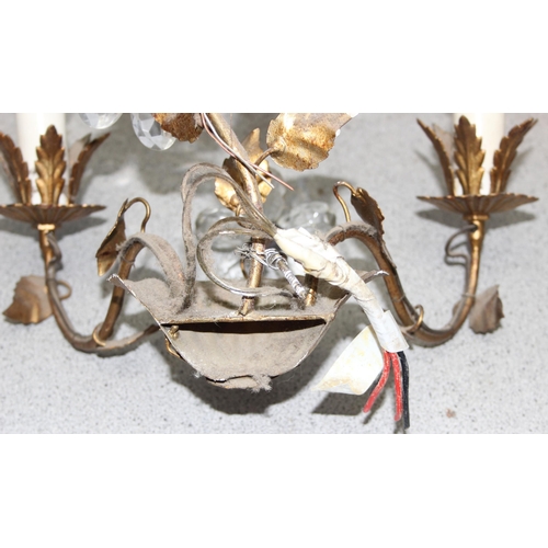 239 - Pair of vintage gilt metal decorative floral wall sconce electrical lights, approx 44cm