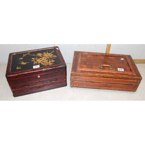 271 - Oriental lacquered jewellery box and a scratch built sewing box made from matchsticks, largest appro... 