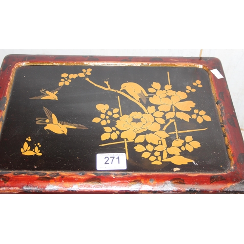 271 - Oriental lacquered jewellery box and a scratch built sewing box made from matchsticks, largest appro... 