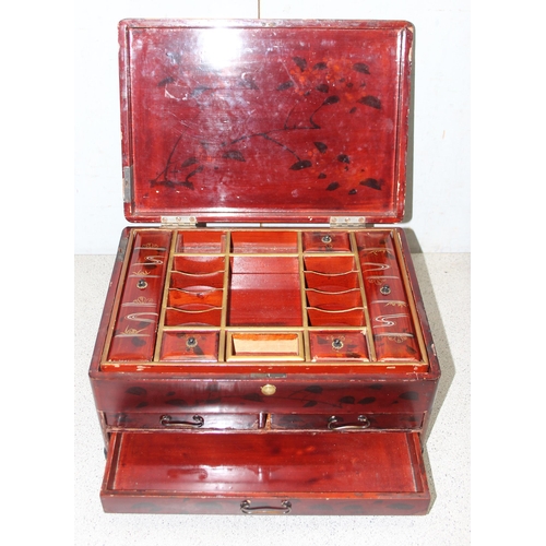 271 - Oriental lacquered jewellery box and a scratch built sewing box made from matchsticks, largest appro... 