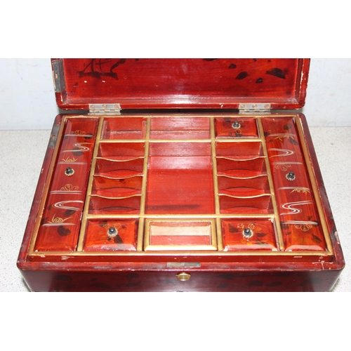 271 - Oriental lacquered jewellery box and a scratch built sewing box made from matchsticks, largest appro... 