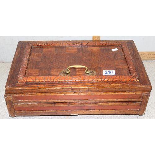 271 - Oriental lacquered jewellery box and a scratch built sewing box made from matchsticks, largest appro... 