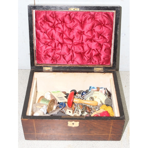 272 - Antique mahogany sewing box with inlay detailing and contents, approx 30cm x 15cm x 23cm