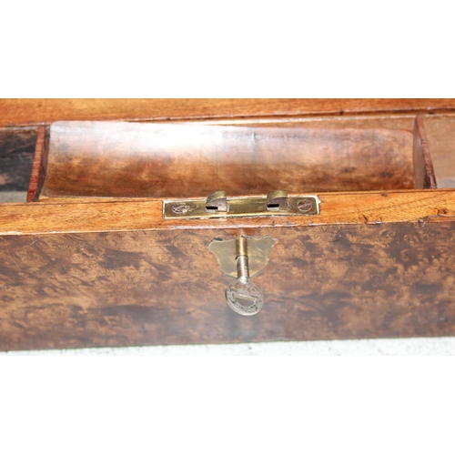 276 - Antique burr walnut campaign writing slope, with brass bound corners, approx 30cm x 22cm x 12cm