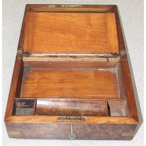 276 - Antique burr walnut campaign writing slope, with brass bound corners, approx 30cm x 22cm x 12cm