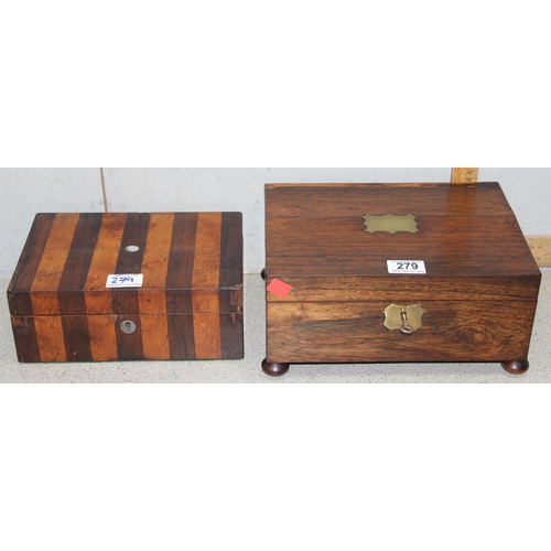 279 - 2 antique wooden boxes, one rosewood and satinwood striped design with mother of pearl inlay, the ot... 