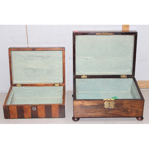 279 - 2 antique wooden boxes, one rosewood and satinwood striped design with mother of pearl inlay, the ot... 