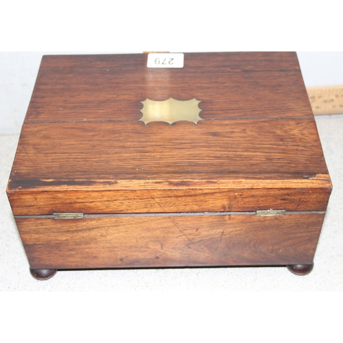 279 - 2 antique wooden boxes, one rosewood and satinwood striped design with mother of pearl inlay, the ot... 