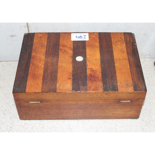 279 - 2 antique wooden boxes, one rosewood and satinwood striped design with mother of pearl inlay, the ot... 