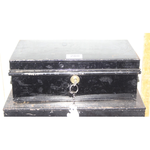 280 - 3 black metal cash tin/deed boxes, largest approx 40cm x 27cm x 14cm