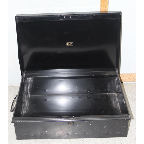 280 - 3 black metal cash tin/deed boxes, largest approx 40cm x 27cm x 14cm