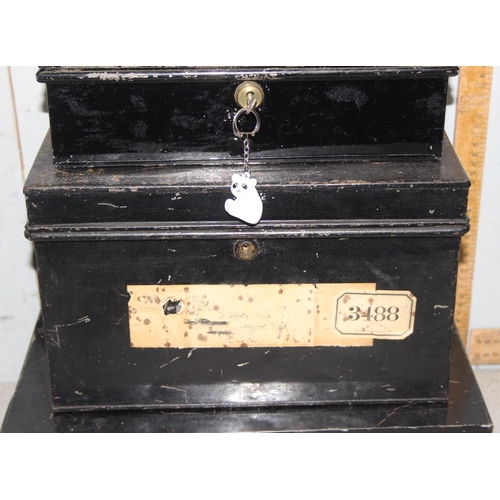 280 - 3 black metal cash tin/deed boxes, largest approx 40cm x 27cm x 14cm