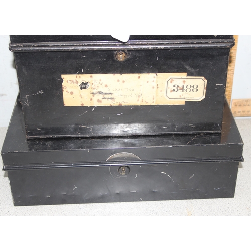 280 - 3 black metal cash tin/deed boxes, largest approx 40cm x 27cm x 14cm