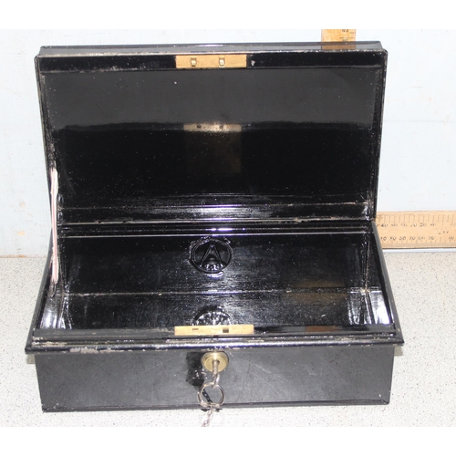 280 - 3 black metal cash tin/deed boxes, largest approx 40cm x 27cm x 14cm