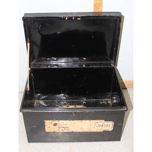 280 - 3 black metal cash tin/deed boxes, largest approx 40cm x 27cm x 14cm