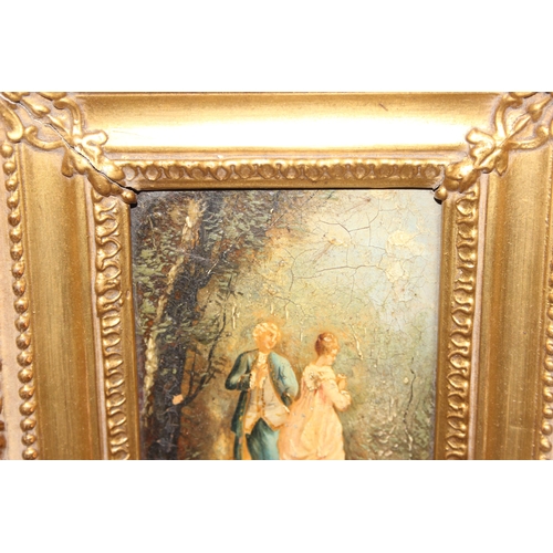 403 - An antique oil on board of a Regency period courting couple in impressive gilt frame, unsigned, appr... 