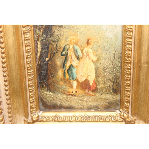 403 - An antique oil on board of a Regency period courting couple in impressive gilt frame, unsigned, appr... 