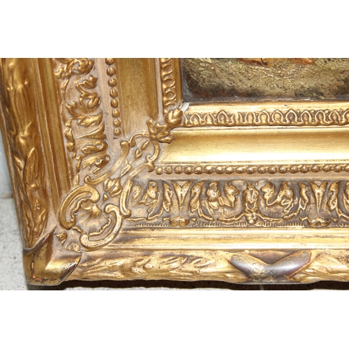 403 - An antique oil on board of a Regency period courting couple in impressive gilt frame, unsigned, appr... 