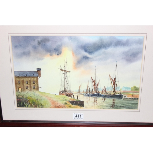 411 - 2 framed watercolour paintings, one of a marine scene at Iron Wharf, Faversham, signed Michael John ... 