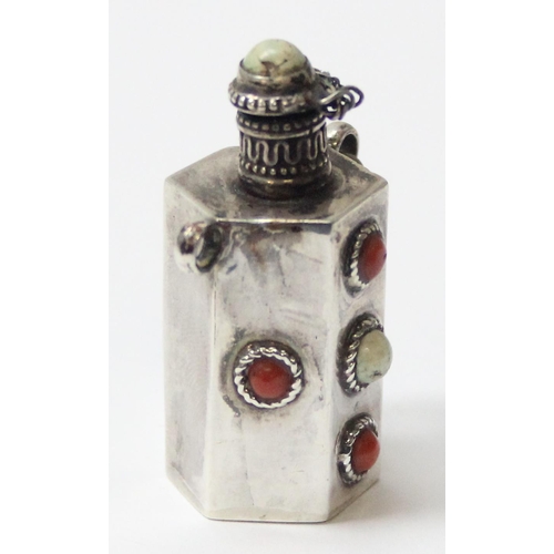 1012 - A Tibetan silver snuff bottle, seemingly unmarked but XRF tests approx 92% silver, inlaid with white... 