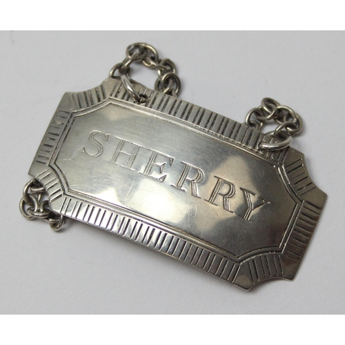 1018 - A vintage silver Sherry decanter label, Birmingham 1966 by Harman Brothers